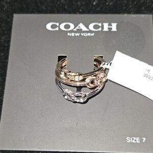 Coach Signature “C” Tri-Tone Polished Pave Ring Set of 3 sz 7
